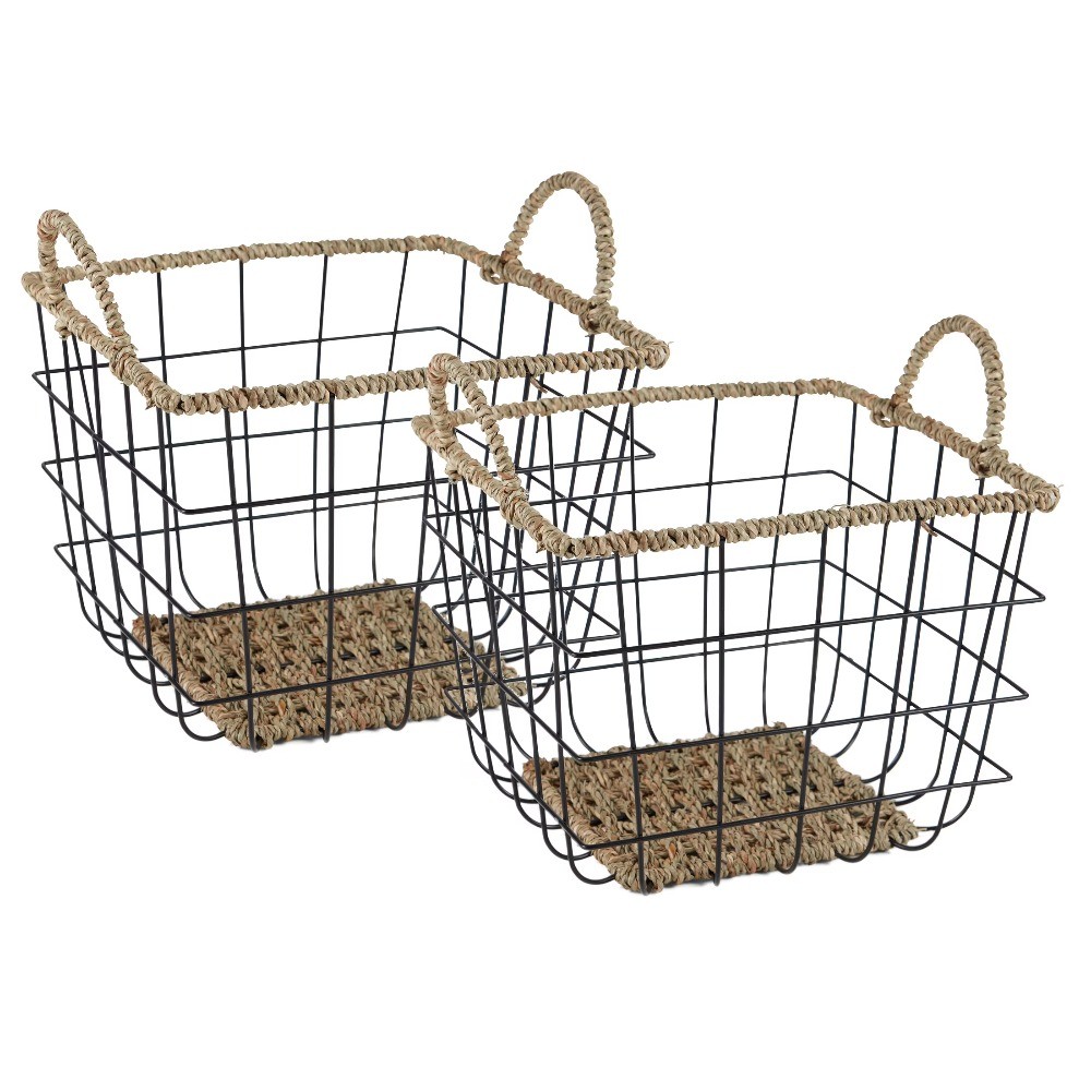 2-Pack Square Wire Storage Baskets with Woven Trim, Black Metal