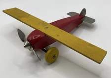 Antique Vintage Wooden Tin Toy Strombecker Round Fuselage Airplane Red & Yellow