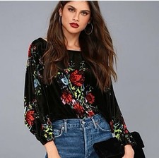 Free People Black Velvet Floral Long Sleeve Stretch Bodysuit Keyhole Back Sz L