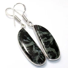 925 Silver Plated Chinese Writing Stone Ethnic Earrings Jewelry Size 2" GW
