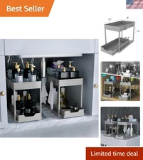 Durable Sliding Under Sink Organizer - 2 Tier Storage Baskets in Elegant Grey