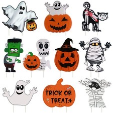 13x17" Halloween Yard Signs - Assorted Ghost Pumpkin Mummy Stakes 10 Pack