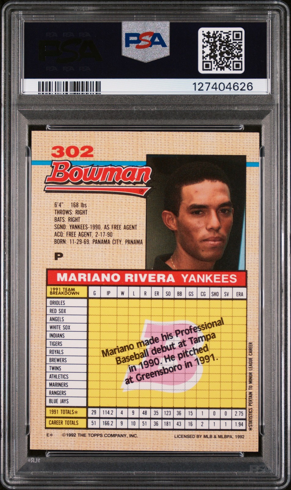 1992 BOWMAN #302 MARIANO RIVERA PSA 8 view 2