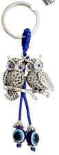 Double Two Owls Hanging Key Chain Ring Hamsa Blue Evil Eye Protection