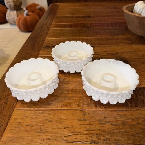 3 Fenton Art Glass Milk Glass Hobnail Low Candle Holders with Scallops at Top