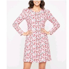 LOFT Women Large Red Cherry Print Long Sleeve Shift Mini Dress Crew Neck EUC