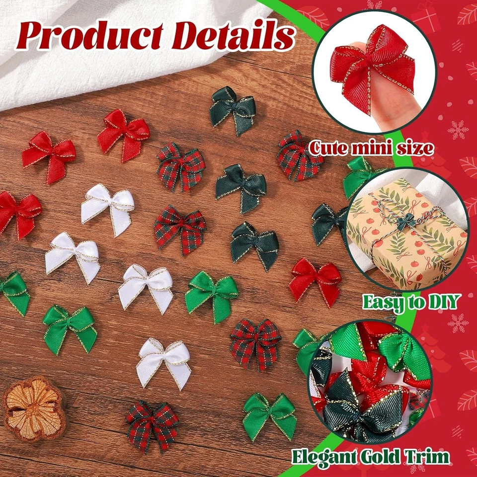200 Piezas 1" Navidad Mini Cinta de Satén Arcos Pequeño Borde Dorado Tela Escocesa Foto 4 de 4