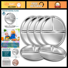 Stainless Steel Toddler Plate Set of 6 - 9" Divided Non-Slip Plates for Kids  A