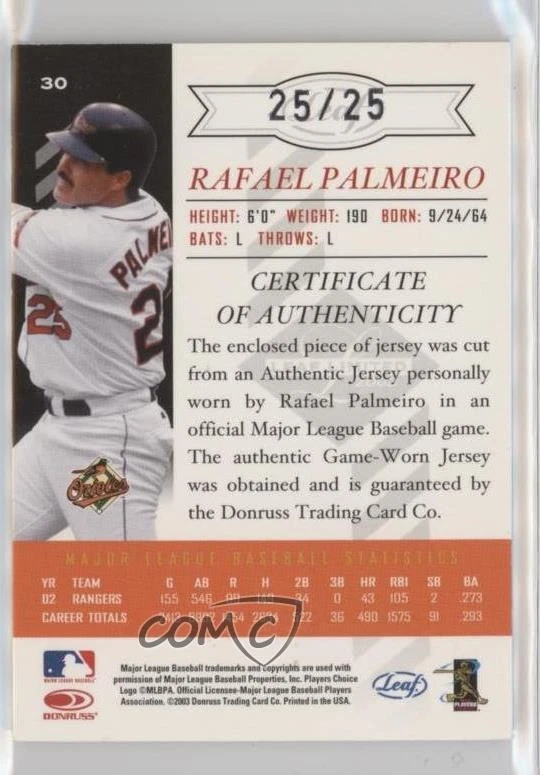 2003 Leaf Limited Threads Purple Materials /25 Rafael Palmeiro #30 - Image 2 of 2