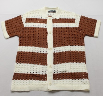 Boohoo MAN Men's Open Stitch Striped Knitted Shirt MP7 Burnt Orange Medium NWT