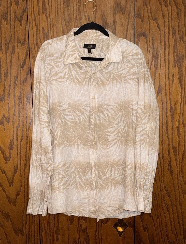 Club Room Men’s XXL 100% Linen Button-Down Shirt Beige Casual Long Sleeve