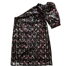 SABINA MUSAYEV Women’s Sequined One Shoulder Puff Sleeve Sparkly Mini Dress-Sz M