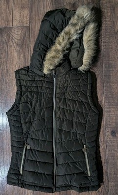 YMI Women's Fur Lined Removable Hooded Brown Puffer Vest w/ Pockets Size Large