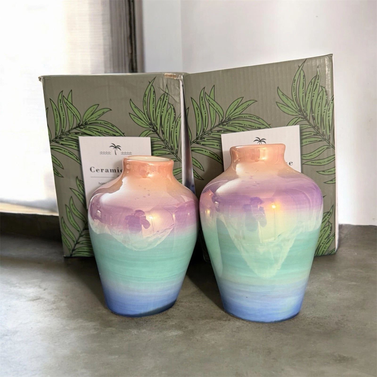 Modern Abstract Ceramic Vase Set, Glossy Finish, Peach Purple Green Blue