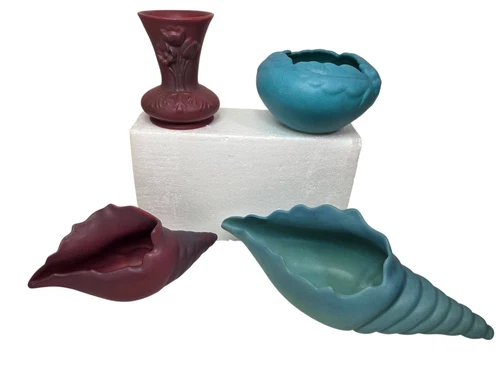 Van Briggle Pottery Lot of 4 Pieces Vase, Bowl, Conch Shells Red Blue Springs CO