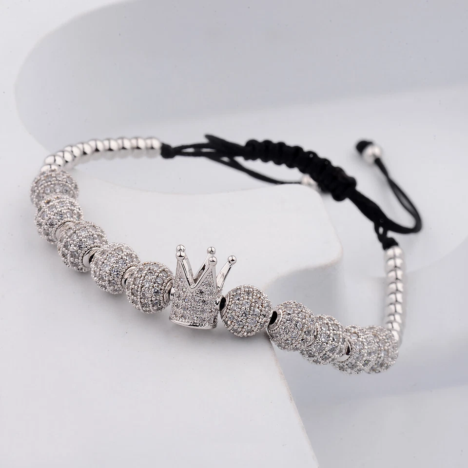 Модные мужские серебряные браслеты Micro Pave с фианитами цирконий мяч королевская корона плетеные США - Изображение 3 из 4