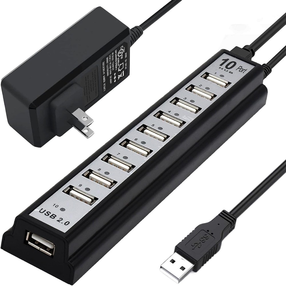 VIENON 10-Port USB 2.0 Hub with Power Adapter for Extra Connectivity