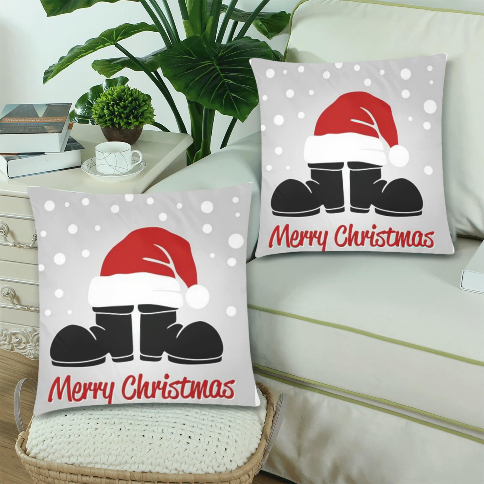 2 x Santa Hat XMAS Cushion Covers Printed Front & Back Gift BLACK