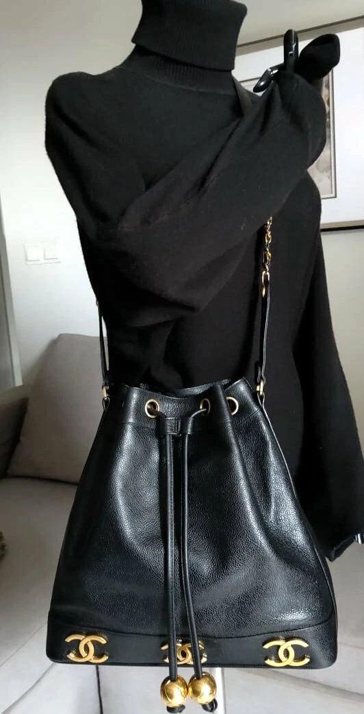 FULL SET CHANEL Classic Vintage Black Caviar Drawstring CC Gold Bucket Bag  Pouch - My Dreamz Closet