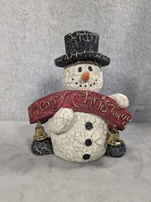 Vintage Crackled Snowman Candle Stick Holder Merry Christmas 6.5" Tall