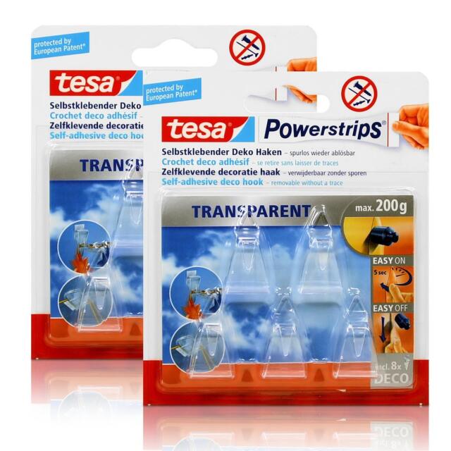 2x tesa Powerstrips Selbstklebende Deko Haken - Transparent für max. 200g Gewic