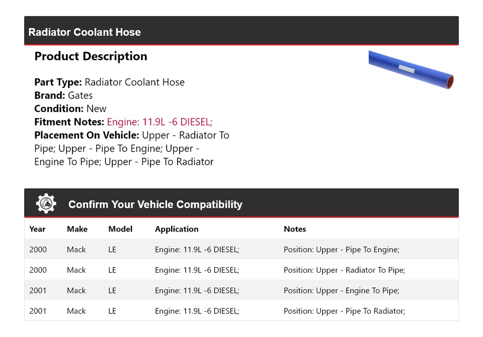 For 2000-2001 Mack LE 11.9L -6 DIESEL Radiator Coolant Hose Gates - Image 2 of 4