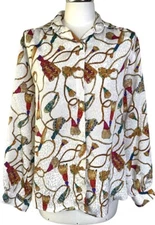 Vintage 80s All Hours Baroque Style Oversized Button Down Top Tassle Print L/XL