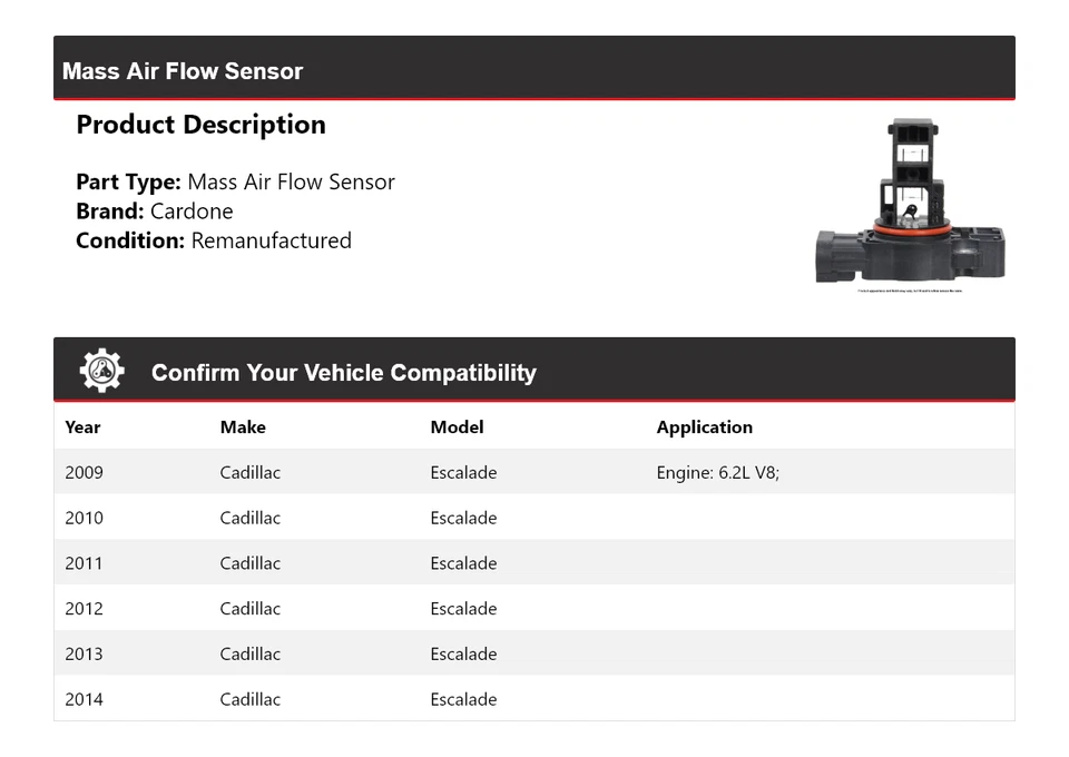 Sensor de flujo de aire másico Cardone para Cadillac Escalade 2009-2014 2010 2011 2012 2013 Foto 2 de 4