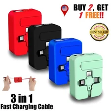 3 in 1 Fast Charging Cable Charger Cord for iPhone USB Micro Type C Retractable