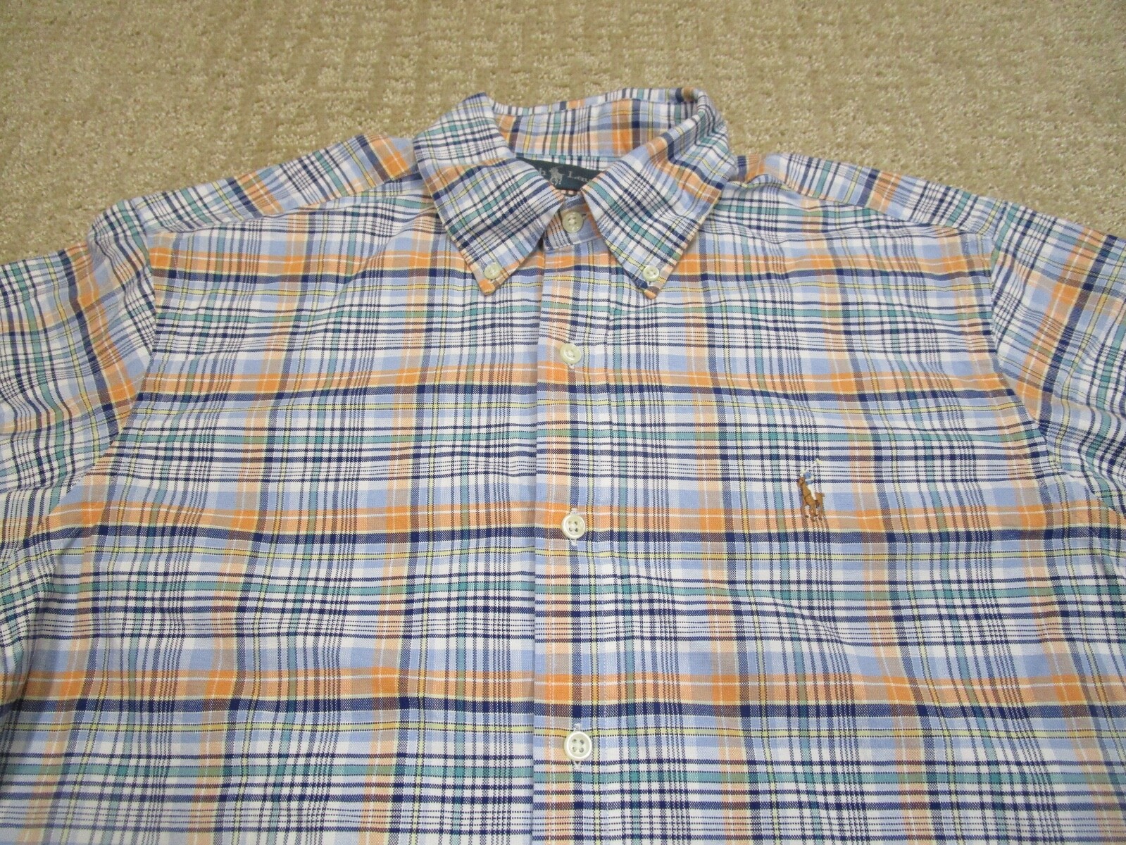 Ralph Lauren camicia uomo blu medio bianco quadri Oxford classica manica lunga pony