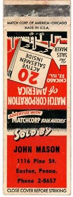 Match Corp of America John Mason Easton PA Vintage Matchbook Cover 1940s
