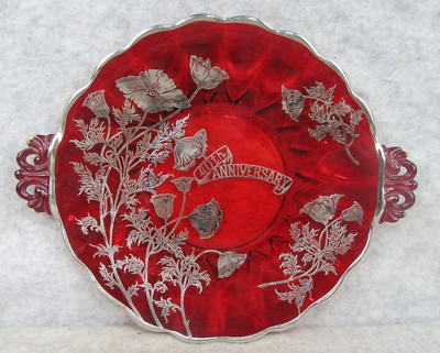 Vintage Ruby Red Viking Glass  Serving Plate Silver Overlay 40th Anniversary