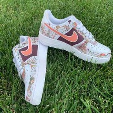 Air Force 1 Custom White Shoes Orange Swooshes Brown Green Urban Splatter Design