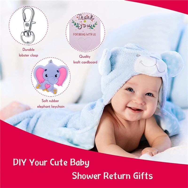 30pcs Baby Shower Favor Elephant Keychain Organza Bags Thank You Kraft