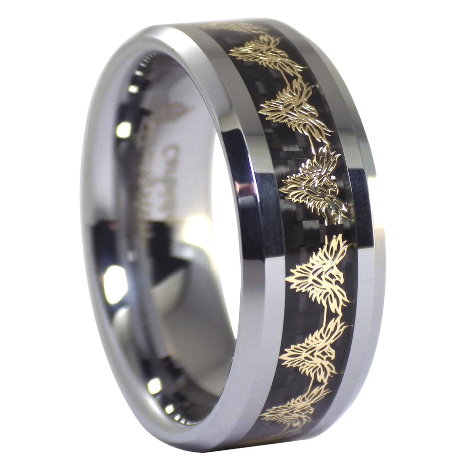 Anillo de tungsteno de fibra de carbono negro Phoenix Firebird dorado talla 5-17 para hombre mujer 8 mm Foto 4 de 4