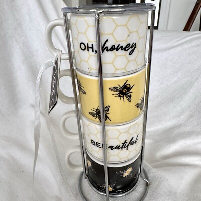 Coco+Lola Stackable Multicolor Queen Bee Expresso Cup Set (4) W/ Metal Stand