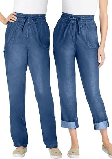 Pantalón cargo Woman Within convertible 2 en 1 y cintura elástica capri 100 % algodón Foto 4 de 4