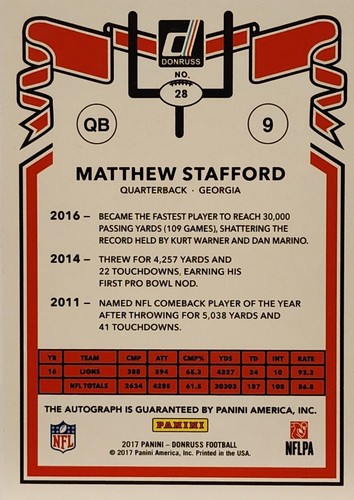 2017 Donruss Matthew Stafford Detroit Lions 1981 Tribute Autograph 6/10 - Picture 2 of 2