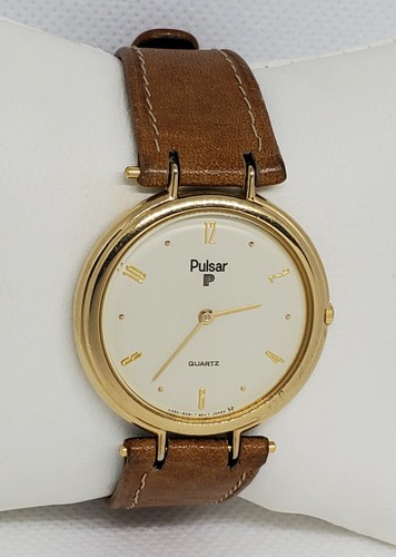 Mens Pulsar Elegant Gold Tone Brown Leather Strap Analog Watch V320-6060 E1 - Picture 3 of 11
