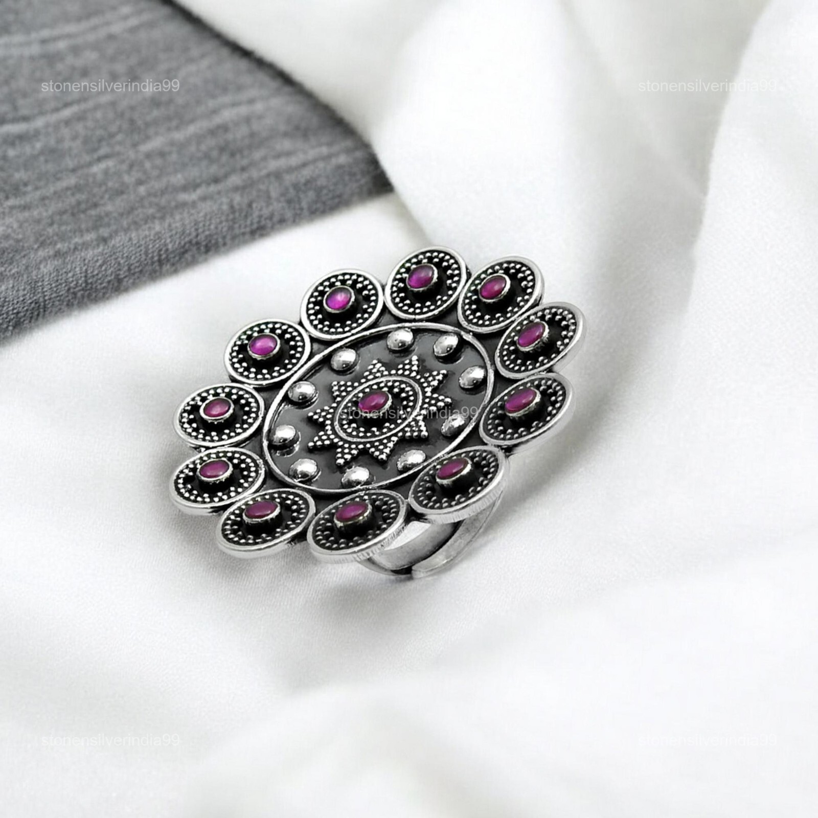 Natural Round Ruby 925 Silver Boho Cocktail Ring Size 8 Bezel Set Statement Piece