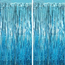 2 Pack Light Blue Tinsel Foil Curtains Metallic Party Streamers for Events