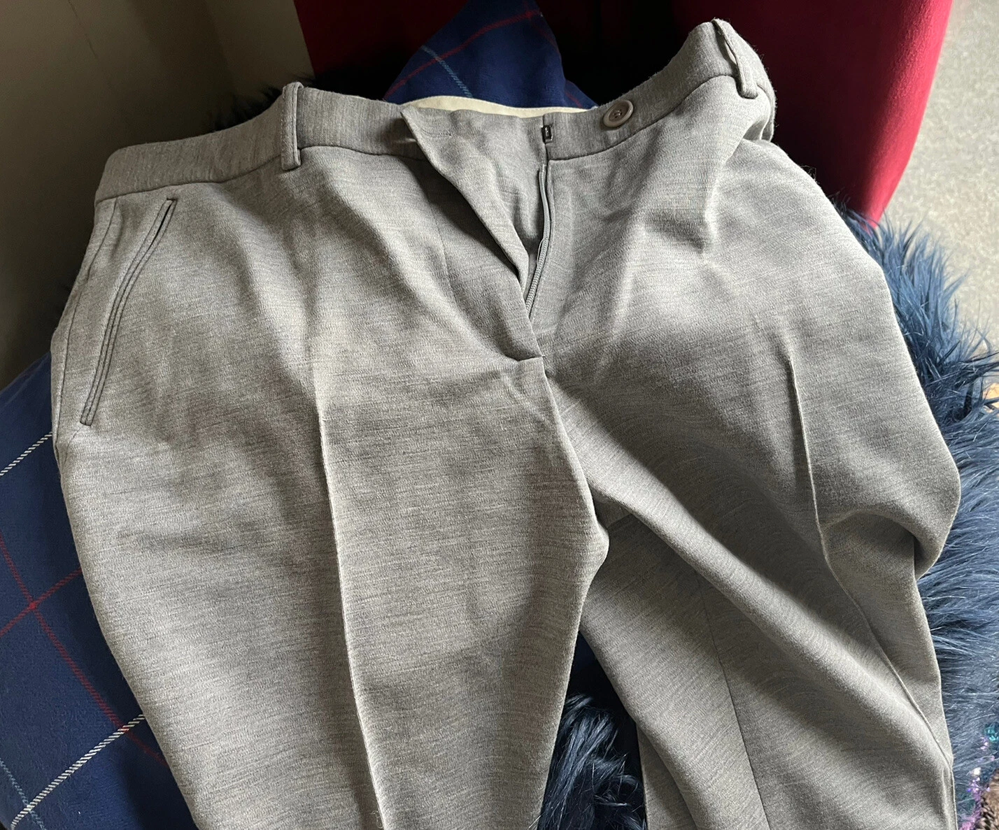 Moschino pantaloni eleganti gamba svasata IT 46 grigio UK 14 pantaloni lana Lana £800 rari