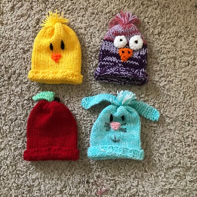 BABY GIRLS LOT OF  4: HAND KNIT CHARACTER HATS...SIZE NB - 18 MO   NEW !!!