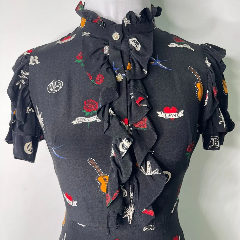 Sandro 女式黑色短袖纹身印花 Wendy 荷叶边迷你连衣裙 0 码 — 第 2/4 张图片