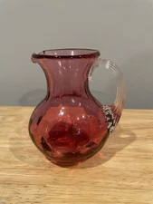 Vtg Hand Blown Art Glass Creamer Cranberry Ruffled Pontil Applied Handle 3.5"
