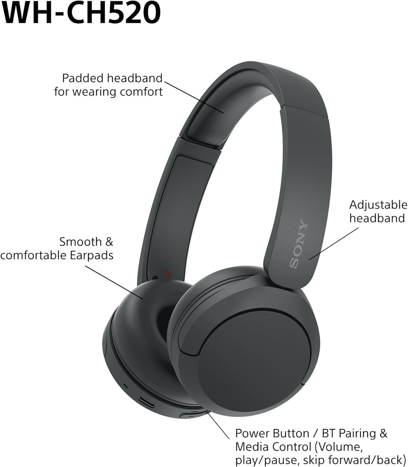 Sony WH-CH520 Wireless Bluetooth Headphones Black 50hr Battery Quick Charge