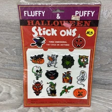 Vintage Halloween Puffy Stickers Lot 3D Witch Scarecrow Owl Devil Bat Skull NOS