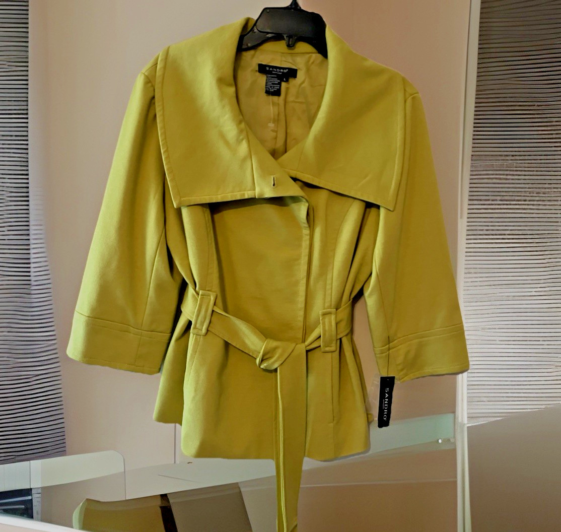 Sandro Womens Large Belted  Button-Up Jacket W/Shawl Collar- Pockets =NEW😍