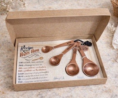 Measuring Spoons Gift Set of 4 - Recipe for a Happy Home Gift Box Copper Plated