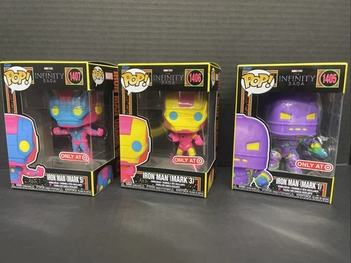 Funko Pop Marvel Iron Man (Mark 1, 3, 5)  Blacklight Set 1405 1406 1407 Set Of 3